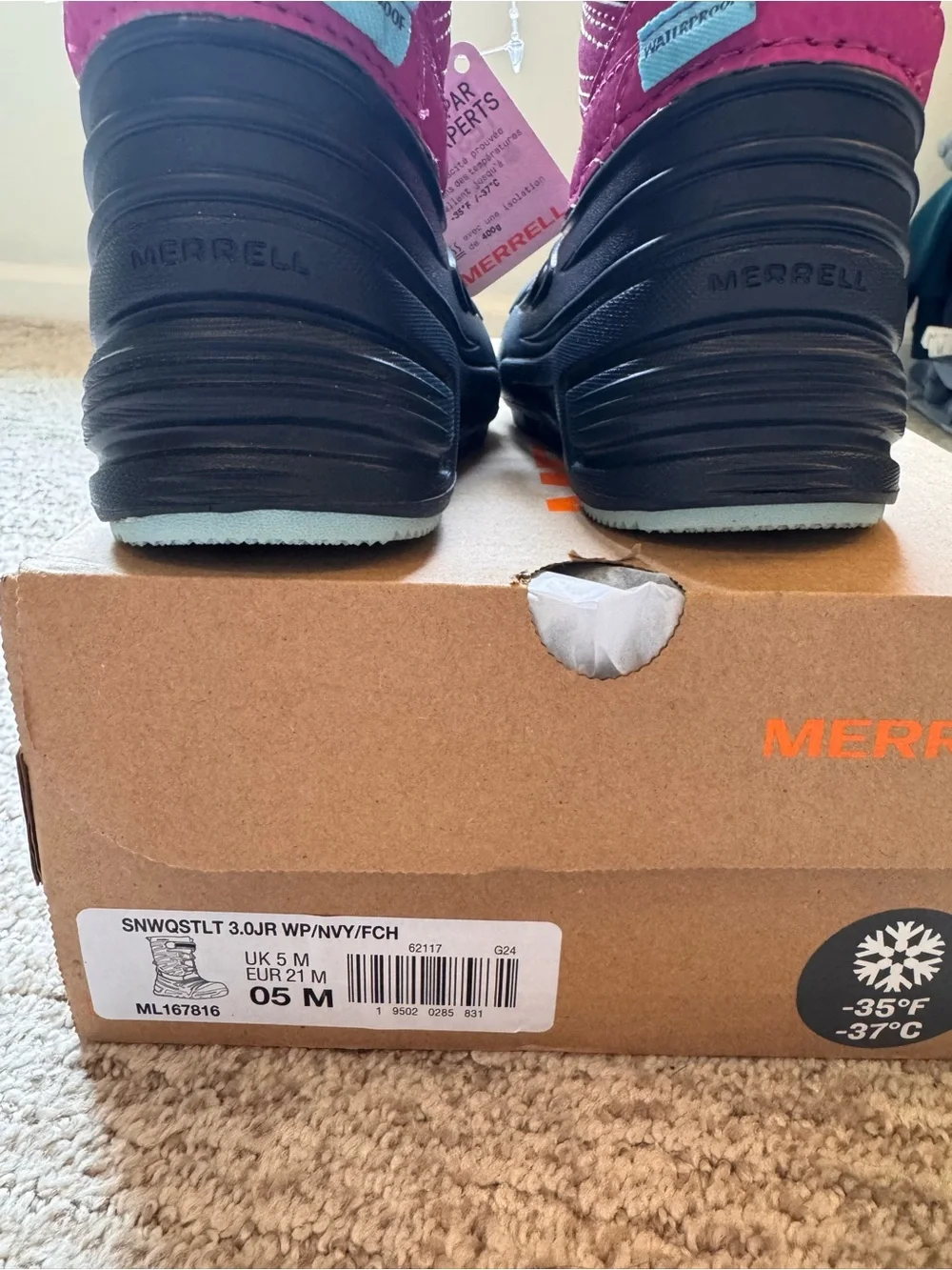 Merrell Kids Black and Pink Insulated Snow Boots with Hook-and-Loop Strap